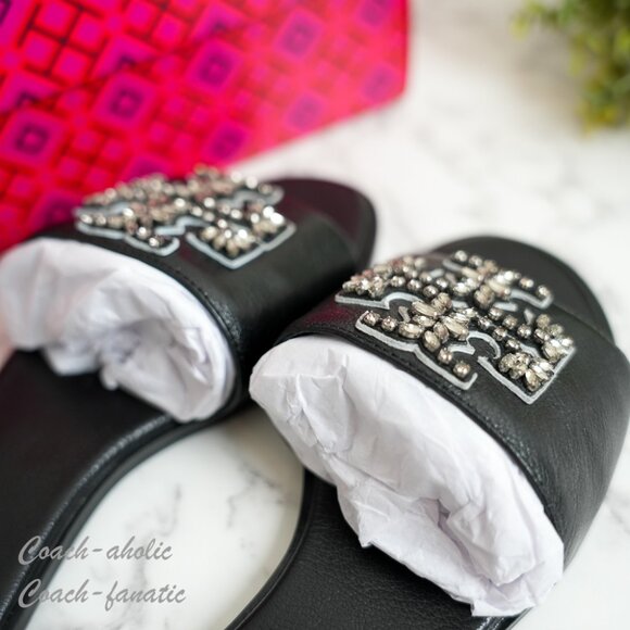 NIB Tory Burch Everly Embellished Crystal Logo Flat Slide Sandal Black Leather - Picture 5 of 9